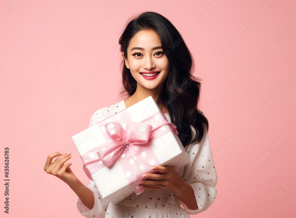 Asian woman holding box on pink background Asian woman holding box on pink background