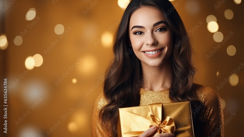 Beautiful girl standing on a golden background with a gift in the hands Beautiful girl standing on a golden background with a gift in the hands
