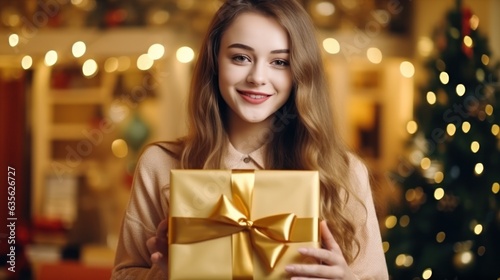 Beautiful girl standing on a golden background with a gift in the hands
