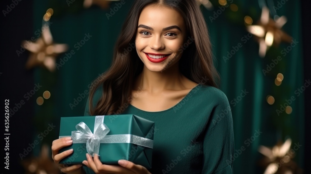 Beautiful girl standing on a green background with a gift in the hands Beautiful girl standing on a green background with a gift in the hands