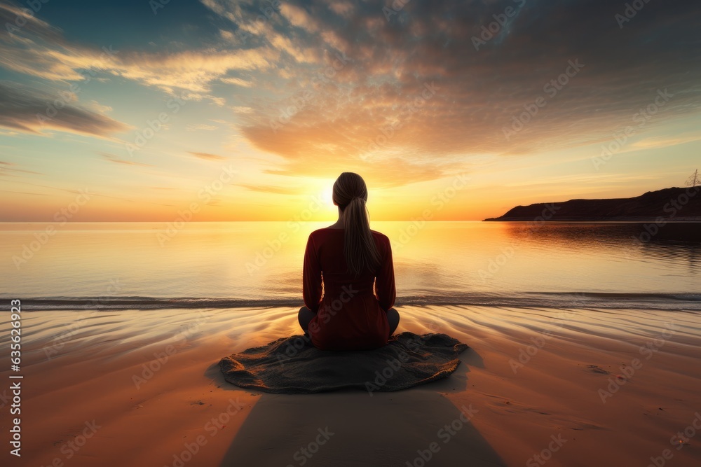 Calm Woman Meditating On Beach At Sunset Back View