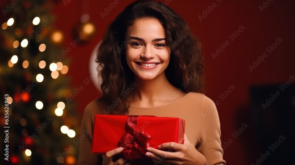 Beautiful girl standing on a red background with a gift in the hands Beautiful girl standing on a red background with a gift in the hands