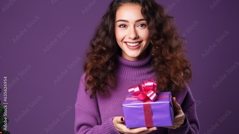 Beautiful girl standing on a violet background with a gift in the hands Beautiful girl standing on a violet background with a gift in the hands