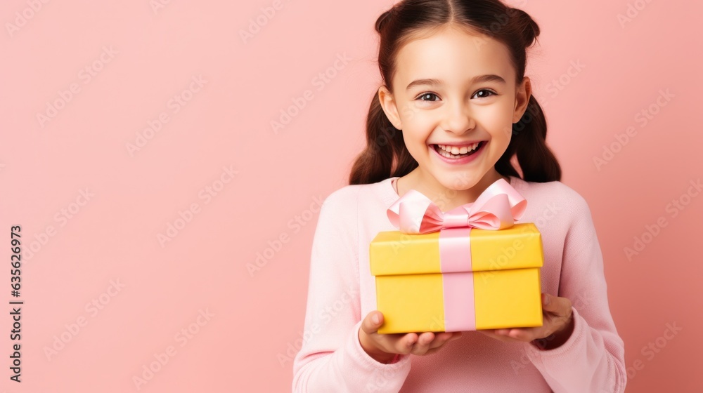 Beautiful girl standing on a pink background with a gift in the hands. Beautiful girl standing on a pink background with a gift in the hands.