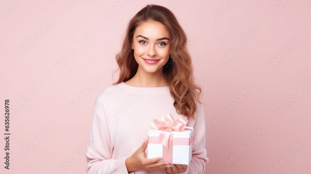 Beautiful girl standing on a pink background with a gift in the hands. Beautiful girl standing on a pink background with a gift in the hands.