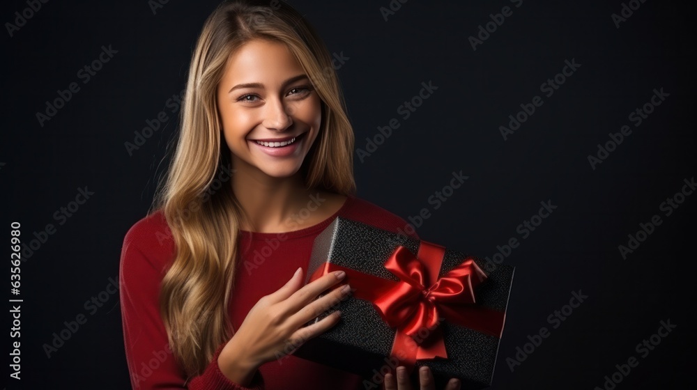 Beautiful girl standing on a black background with a gift in the hands Beautiful girl standing on a black background with a gift in the hands
