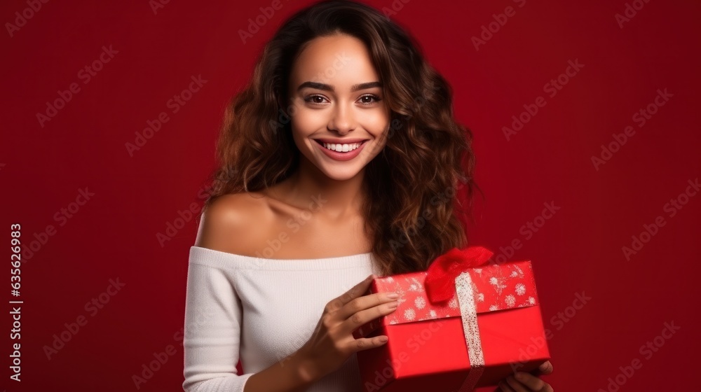 Beautiful girl standing on a red background with a gift in the hands Beautiful girl standing on a red background with a gift in the hands