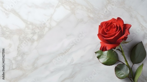 Close Up of a red Rose on a white marble Background 