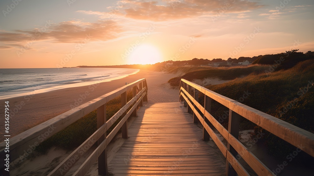 Close Up of a wooden Bridge at the Beach. Sunset View
