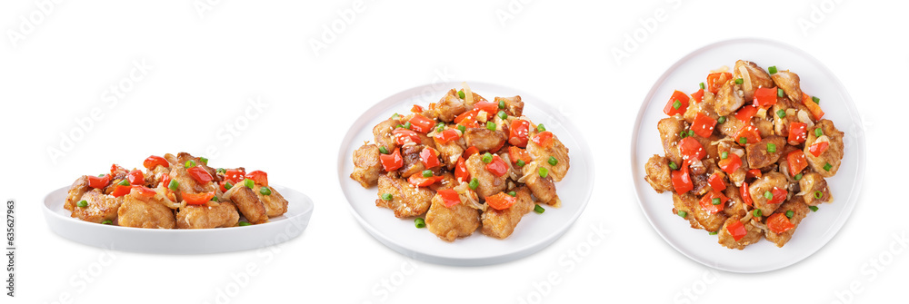 Spice chicken with pepper and onion with rice on a white isolated background Spice chicken with pepper and onion with rice on a white isolated background