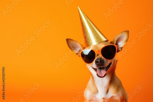 Happy Party Dog Isolated On Orange Background © Tymofii