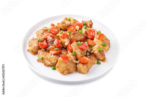 Spice chicken with pepper and onion with rice on a white isolated background