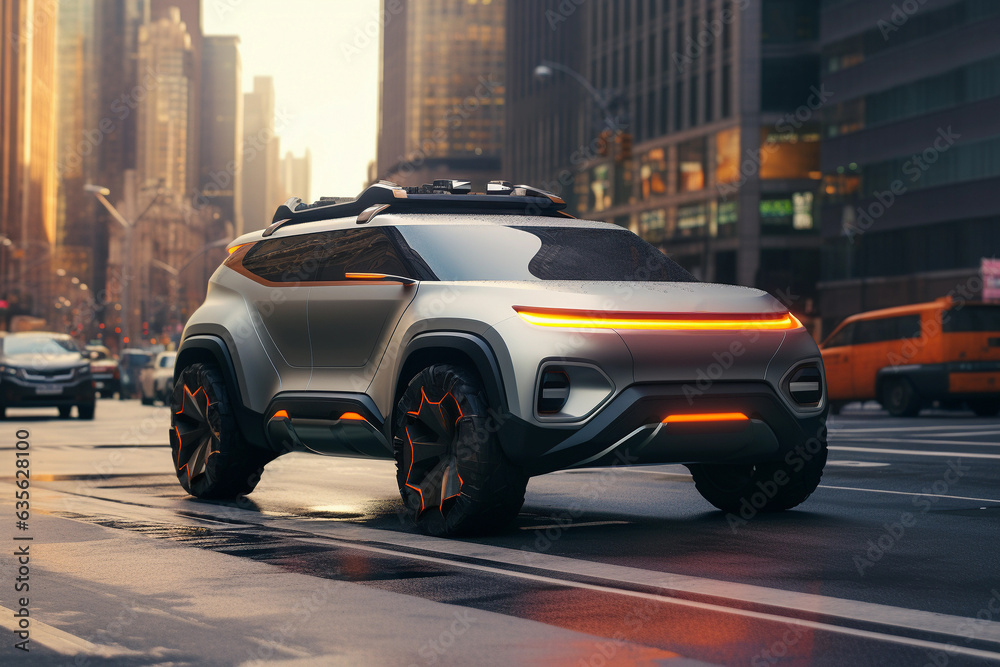 Futuristic suv car driving on road in new york Futuristic suv car driving on road in new york