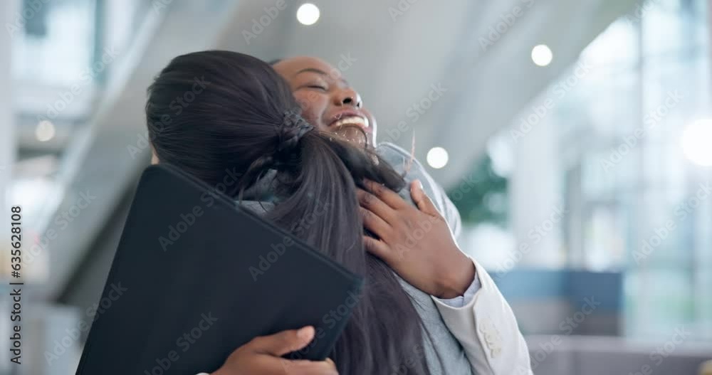 Travel, business woman and friends hugging in the airport to welcome after an international flight. Face, smile and greeting with corporate people embracing in a hotel lobby or terminal for a trip