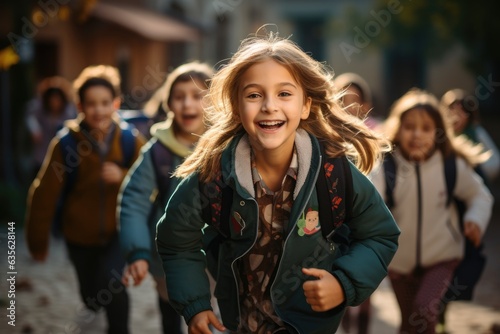 Kids Are Running To The School With Backpacks Young © Tymofii