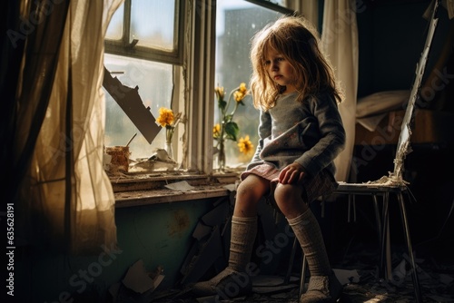 Little Girl With Broken Leg Looking Trough Window