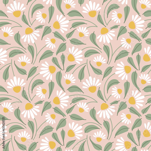 cute gentle soft white daisy daisies flowers floral seamless repeat pattern paper vector botanical on beige background 