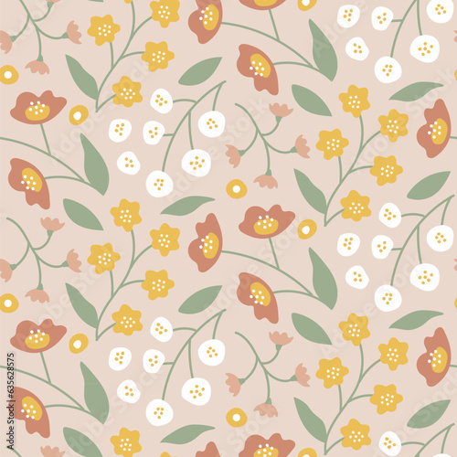 cute gentle soft pink yellow red purple white flowers floral seamless repeat pattern paper vector botanical on beige background 