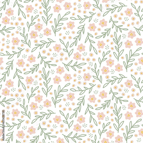 cute gentle soft pink flowers floral seamless repeat pattern paper vector green leaves botanical on white background 