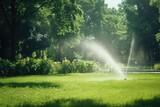 Sprinkler In Park Spraying Water On Lush Green Grass