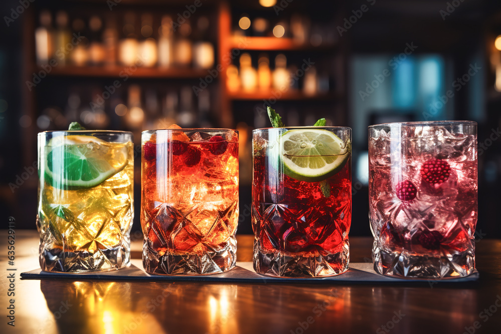 Different colored drinks on ice rocks, served in fancy glasses, standing on a stylish wooden bar in atmospheric light. Concept for night bar, summer drinks, alcoholic beverages, fancy lifestyle. Different colored drinks on ice rocks, served in fancy glasses, standing on a stylish wooden bar in atmospheric light. Concept for night bar, summer drinks, alcoholic beverages, fancy lifestyle.