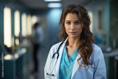 Young attractive female medical doctor with stethoscope, wearing white coat, in clinic environment. Caucasian ethnicity. Health care professional.