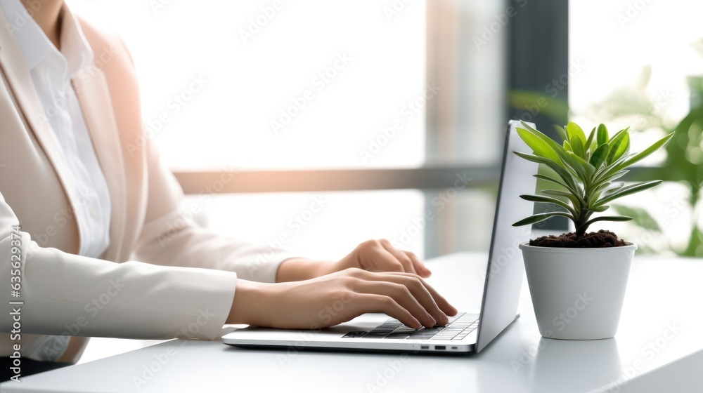 Fototapeta premium woman working on laptop. Generative AI