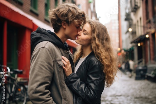 Teenage Couple Kissing And Hugging In Urban Exterior