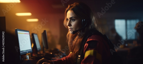call center women smiled working and providing service with courtesy and attention front of laptop with lens flare and bokeh in office with soft dark tone, Generative AI