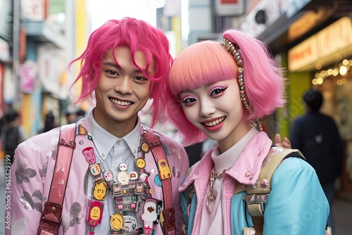 close up portrait, happy teenage couple lover in colorful punk street fashion style look, Generative Ai