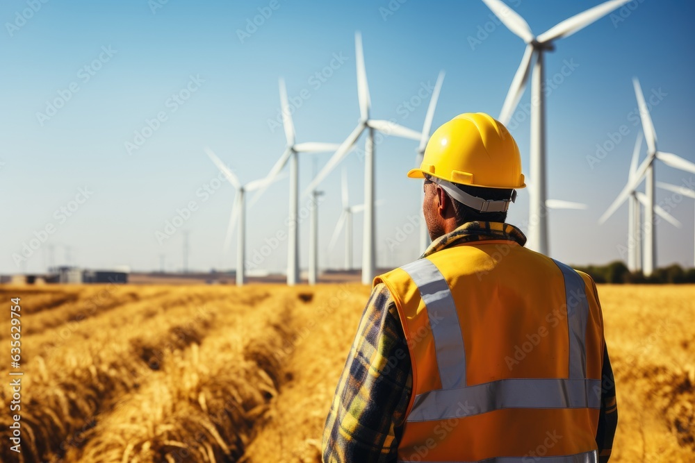 Unrecognizable Worker In A Yellow Hard Hat against the backdrop of windmills ai generated Unrecognizable Worker In A Yellow Hard Hat against the backdrop of windmills ai generated