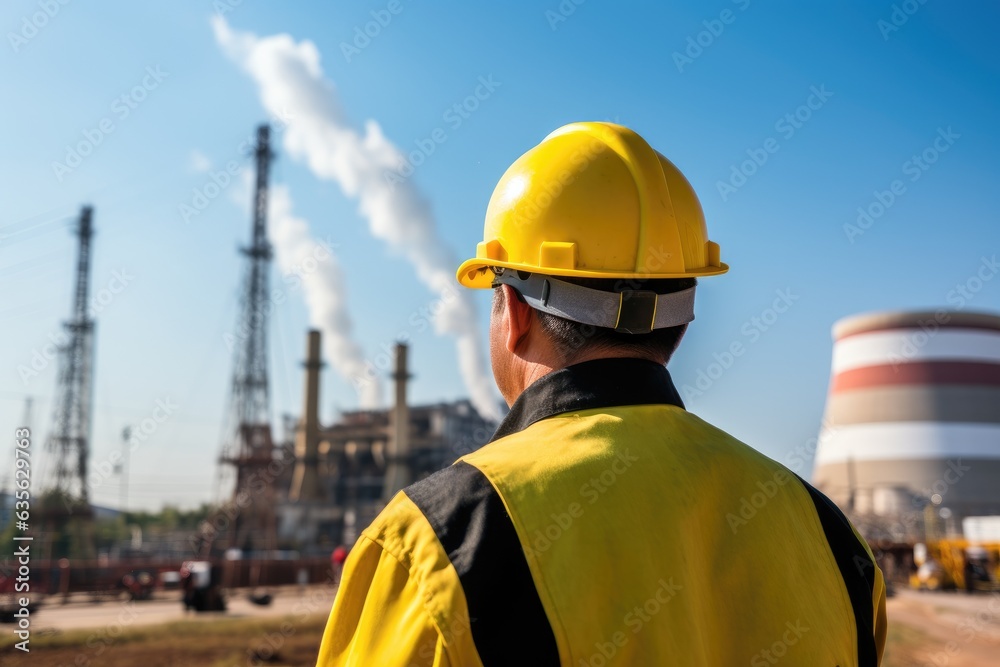 Unrecognizable Worker In A Yellow Hard Hat against the backdrop of a thermal power station Unrecognizable Worker In A Yellow Hard Hat against the backdrop of a thermal power station