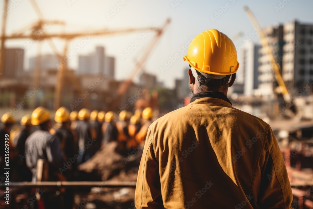 Unrecognizable Worker In A Yellow Hard Hat against the backdrop of construction
