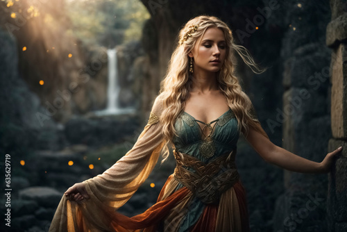 Blond Celtic Warrior Woman in green dress standing in Stone Ruins.