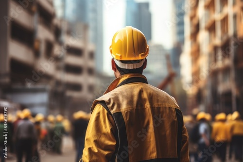 Unrecognizable Worker In A Yellow Hard Hat against the backdrop of construction