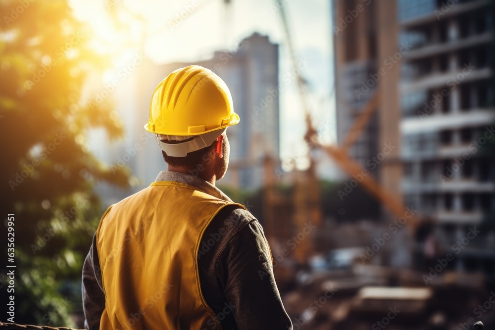 Worker In A Yellow Hard Hat Standing In Profile against the backdrop of construction ai generated Worker In A Yellow Hard Hat Standing In Profile against the backdrop of construction ai generated