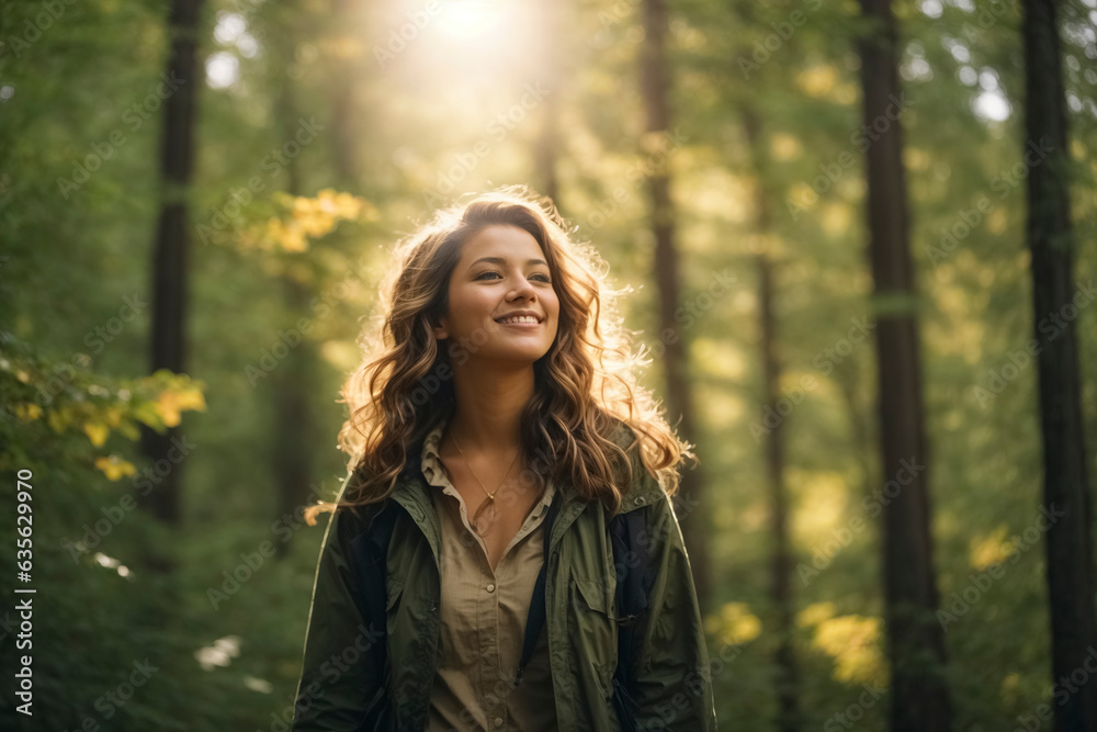Young woman walks happily through the forest. looks up to the treetops, the sun shines through the leaves Young woman walks happily through the forest. looks up to the treetops, the sun shines through the leaves