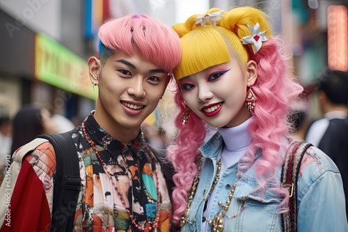 close up portrait, happy teenage couple lover in colorful punk street fashion style look, Generative Ai