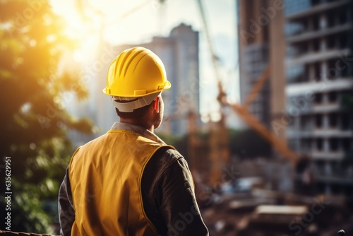 Worker In A Yellow Hard Hat Standing In Profile against the backdrop of construction ai generated