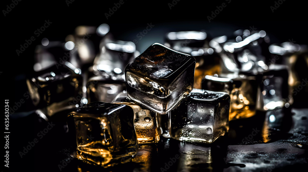 Ice cubes on a black surface. Generative AI technology. Ice cubes on a black surface. Generative AI technology.
