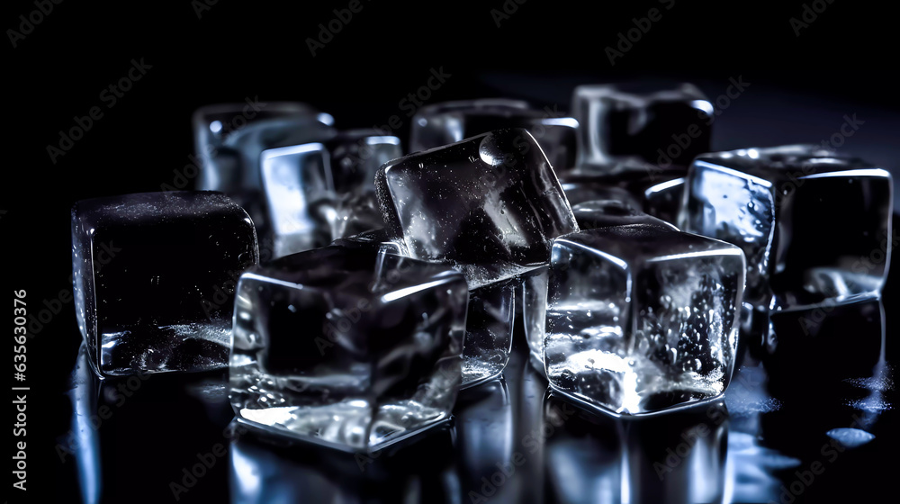 Ice cubes on a black surface. Generative AI technology. Ice cubes on a black surface. Generative AI technology.
