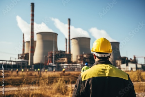 Unrecognizable Worker In A Yellow Hard Hat against the backdrop of a thermal power station ai generated © Tymofii