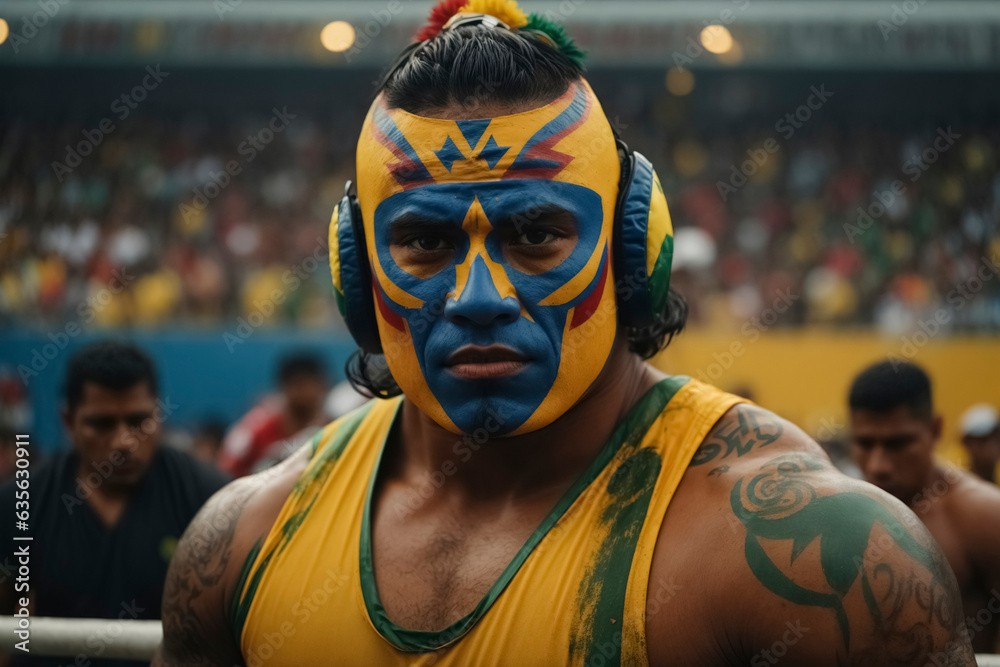 Mexican wrestler with face paint looks combative and waits for his