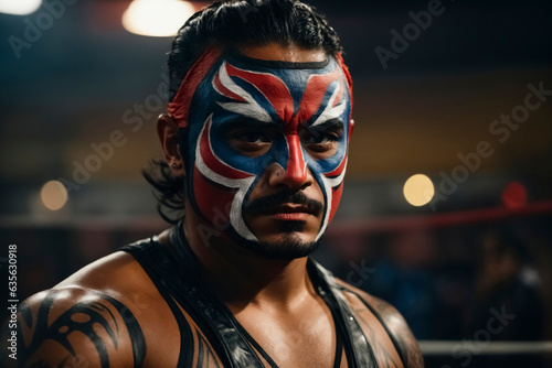 Mexican wrestler with face paint looks combative and waits for his opponent.