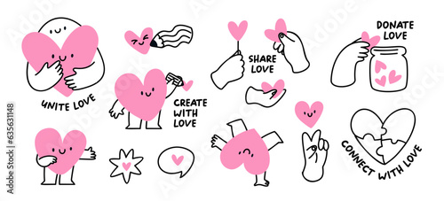 Cute hearts characters. Donate love, unite love. Stickers set or icons with lovely hearts. Flat graphic vector creative illustrations isolated on white background