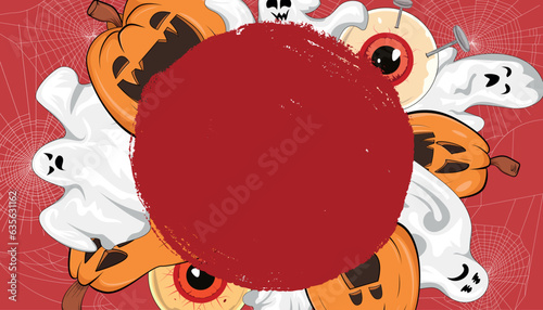 Holiday Halloween banner, pattern, greeting, invitation, card, template, background, poster, cover. cartoon characters ghost, pumpkin jack o lantern, skeleton, graves, blood moon, body parts, eyeballs