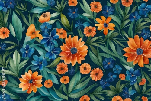 Floral in blue, green and orange. Seamless watercolor botanical pattern