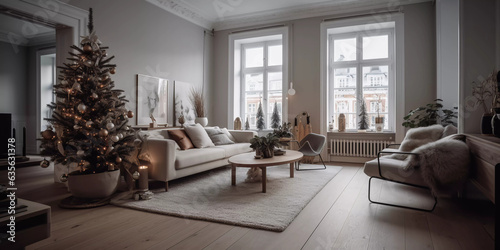 Luxurious Scandinavian Christmas: Step into the Elegance of a Modern Living Room Transformed by Holiday Magic!