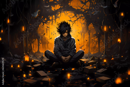 Illustration of a sad boy sitting alone, trapped in his negative thoughts. Created with Generative AI.