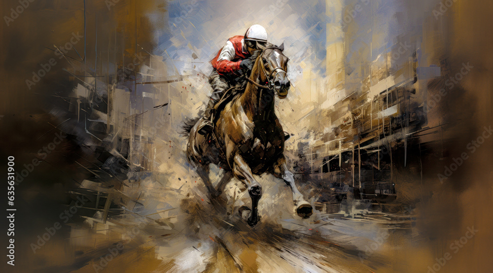 Fototapeta premium Horse Racing in an Oil Painting on Canvas Military Abstract Wallpaper Digital Art Illustration Generative AI Journal Background Backdrop Poster